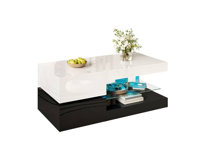 Flieks Couchtisch 90cm LED Bluetooth Glas Hochglanz modern, Weiß, 45x35.5x90 cm, Wohnzimmer, Wohnzimmertische, Couchtische