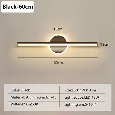 Top Demand Picks Modern Minimalist LED Wall Lamp, Black & Gold Mirror Light For Bathroom, Toilet & Home Decor, Long Strip Fixture black 60cm cool White