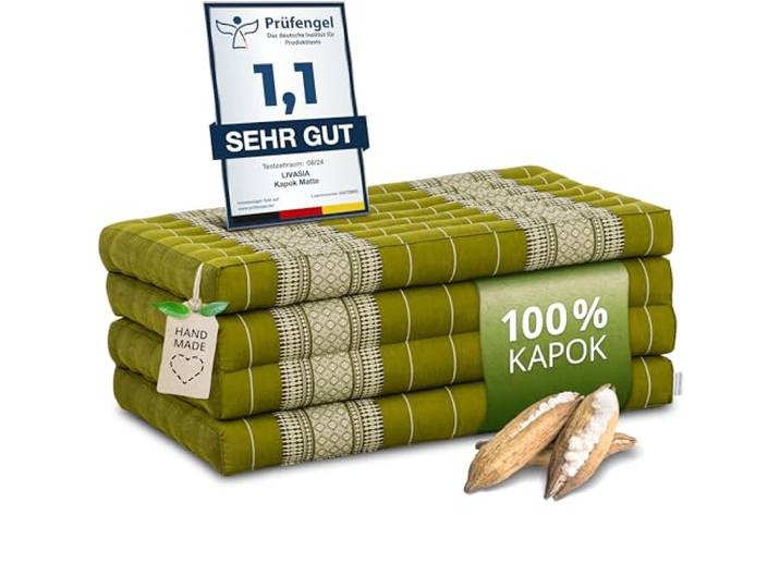 livasia Nachhaltige Klappmatratze aus Kapok - 200x80x8cm - Gästematratze, Faltbare Matratze für Van, ökologische Yogamatte, klappbares Gästebett, Liege für Garten und Balkon (Grün)