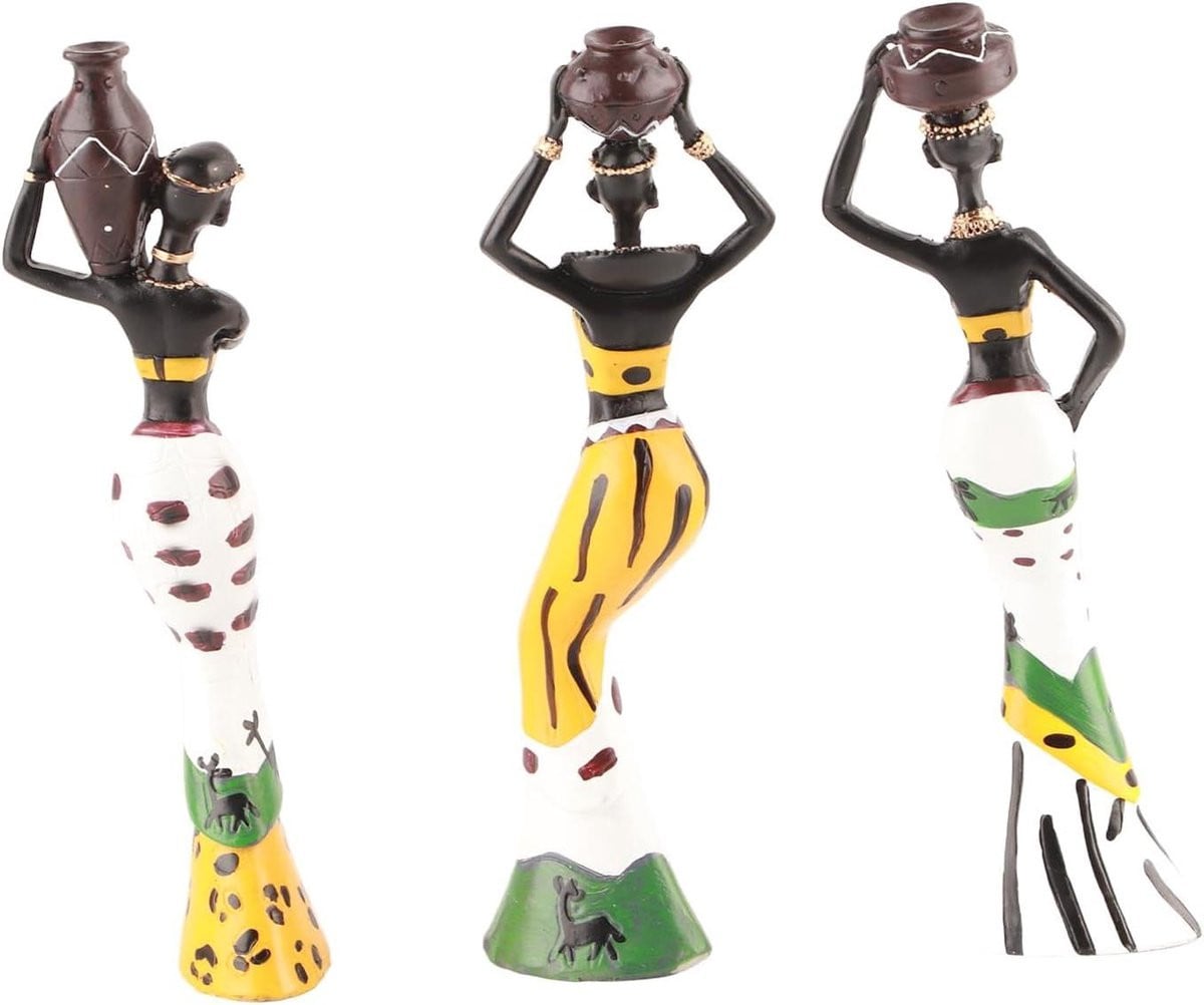 Set van 3 handgemaakte en beschilderde Afrikaanse tribale vrouwenbeelden voor huisdecoratie