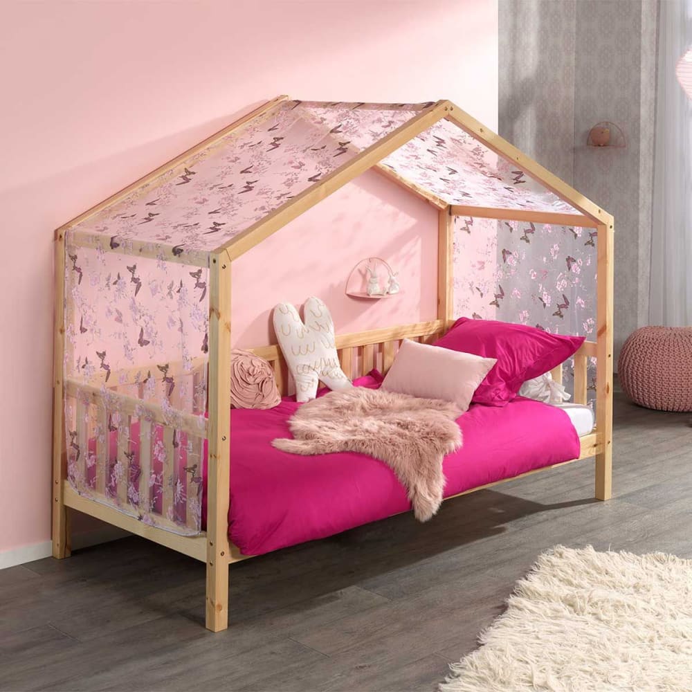 Altobuy Lit maison à barrières 90x200cm pin naturel + voile Marron 211x170x97cm