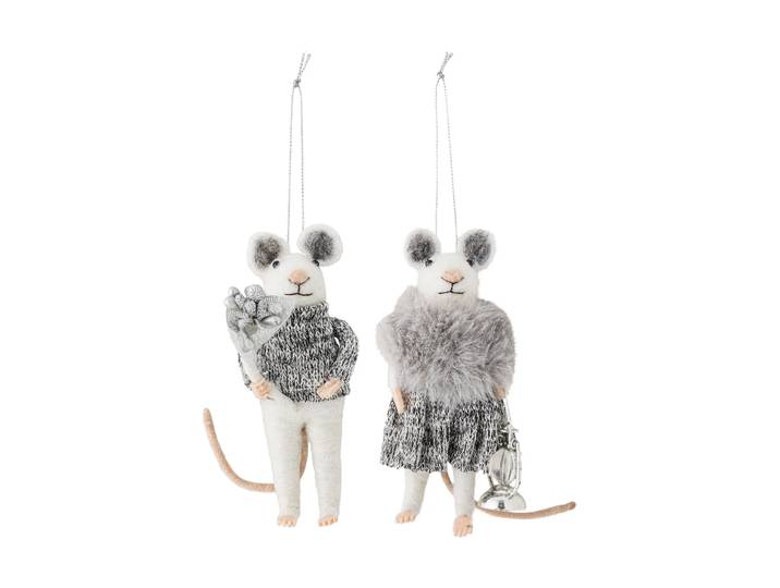 Bloomingville Décoration de Noël souris Peo 2 pièces Blanc-gris