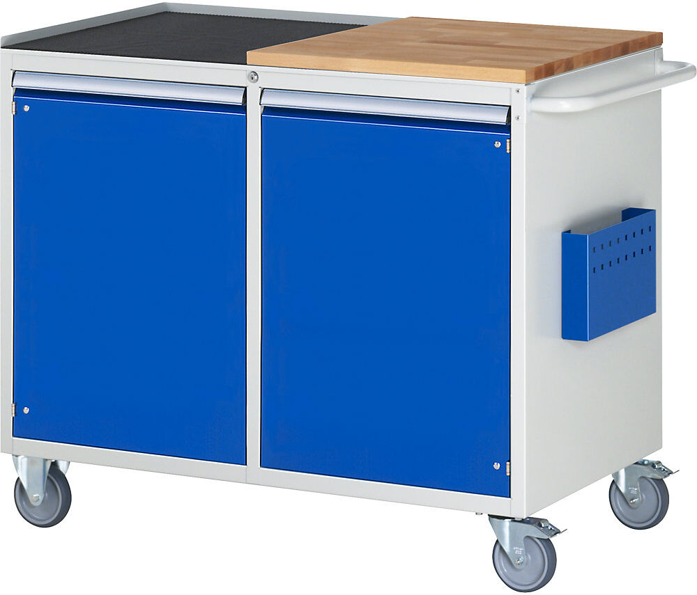 RAU Kompaktwerkbänke, fahrbar, 2 Türen, Arbeitsfläche Holz / Metall, lichtgrau / enzianblau