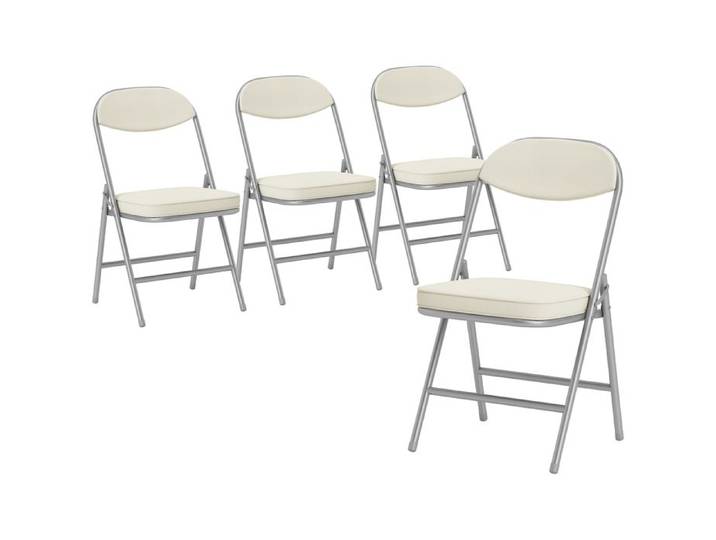 YWJ Lot 4 Chaises Pliantes Blanc Crème Velours Côtelé Rembourrées Dossier Structure Métal