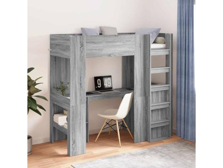 YUOTYRKTEJRSG Platzsparender Loft Bettrahmen mit Schreibtisch Holzwerkstoff Etagenbett mit Schreibtisch Graues Sonoma 75x190 cm Hochbett mit Leiter und Regal für Jugendzimmer, Schlafzimmer,