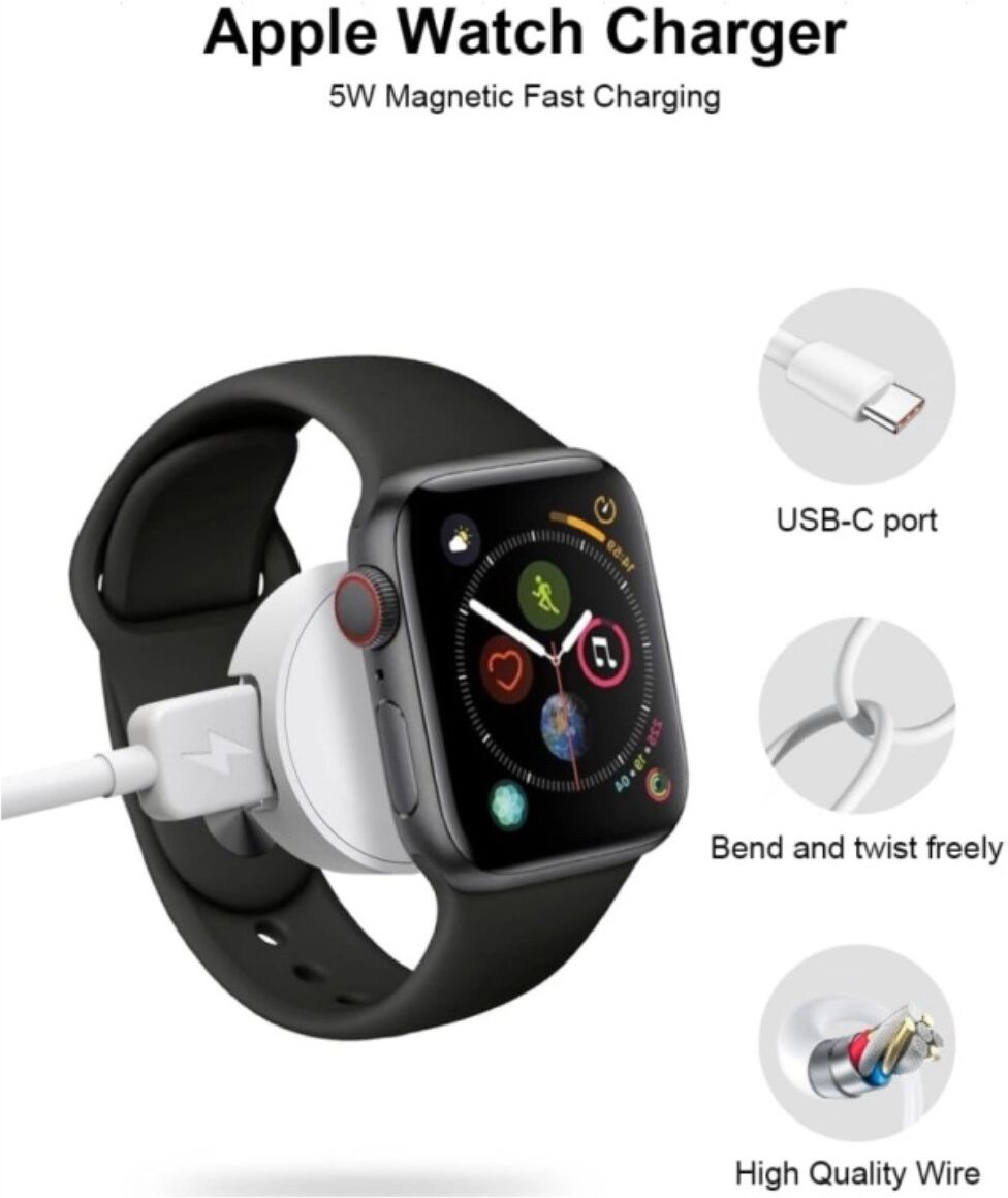 INF Tragbares Apple Watch Ladegerät, kompatibel mit Apple Watch Series 1-11 – PC+ABS, abnehmbares Kabel, kompakter Weiß