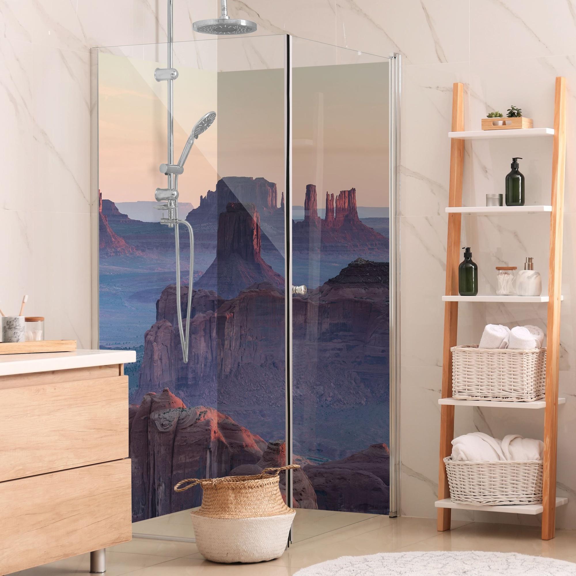 Duschrückwand Natur selbstklebend - 0.61 mm Wandpaneel wasserfest Wüste violett Steinoptik Motiv Badrückwand fugenlos Premium matt 90x210 cm