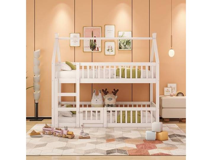 Bellemave Etagenbett 90x200cm,Kinder-Hausbett mit Schutzgeländer,Weiß Massivholz-Rahmen, Loft-Design, integrierte Treppe & sichere Schutzgeländer, belastbar bis 120 kg, ohne Matratze