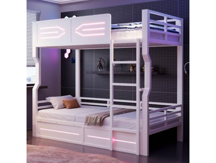 Merax Eisenbett Etagenbett 90x200 cm mit LED-Beleuchtung, hohen Seitengittern, geradlinigem Design – Weiß (Ohne Matratze)
