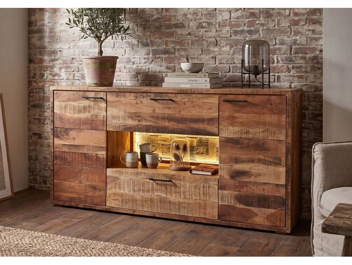 Sideboard inkl. Beleuchtung 180x90cm 'Livorno'' Akazie massiv sägerau