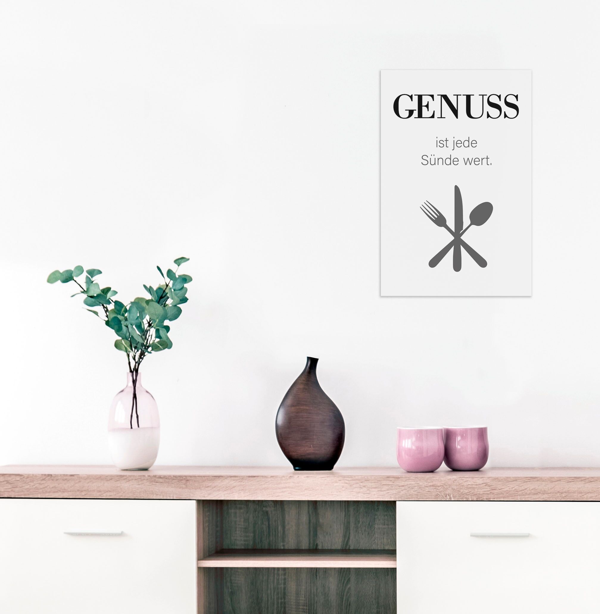 Wanddekoobjekt QUEENCE "GENUSS", schwarz, B:20cm H:30cm T:0,1cm, Stahl, Wanddekoobjekte, Wanddekoobjekt, Stahlschild, Blechschild, Spruch, Witzig, Wanddeko, retro, 20x30cm schwarz B/H/T: 20cm x 30cm x 0,1cm, Schriftzug Spruch
