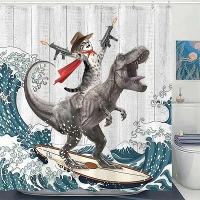 Uplift Essentials "Creative Kids ""Cat Riding Dinosaur"" Shower Curtain style 8 59 In X 71 In"