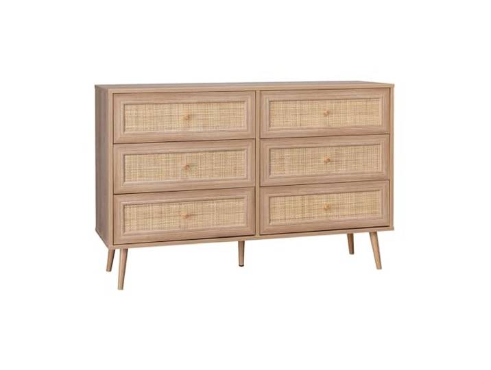 Kommode mit Holzlook und Rohrgeflecht, 6 Schubladen, 120x39x79 cm - Bohème