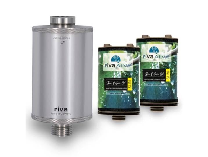 rivaALVA Skin & Hair EM SLIM Duschfilter mit zusätzlicher Ersatzkartusche Edelstahl-Gehäuse, Wasserfilter mit Blockaktivkohle und EM-Keramik