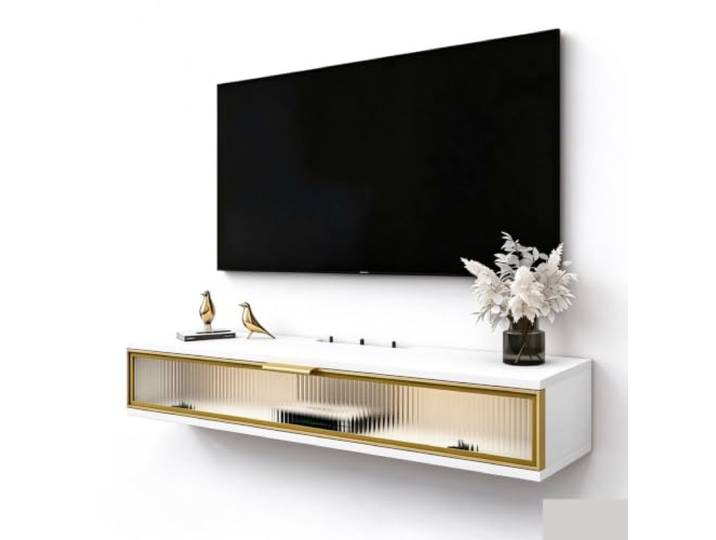 ROSEEONNE Schwebender TV-Ständer, weiße, hängende Medienkonsole Mit goldenem Rahmen, geriffelter Glastür, hängender TV-Schrank for das Wohnzimmer