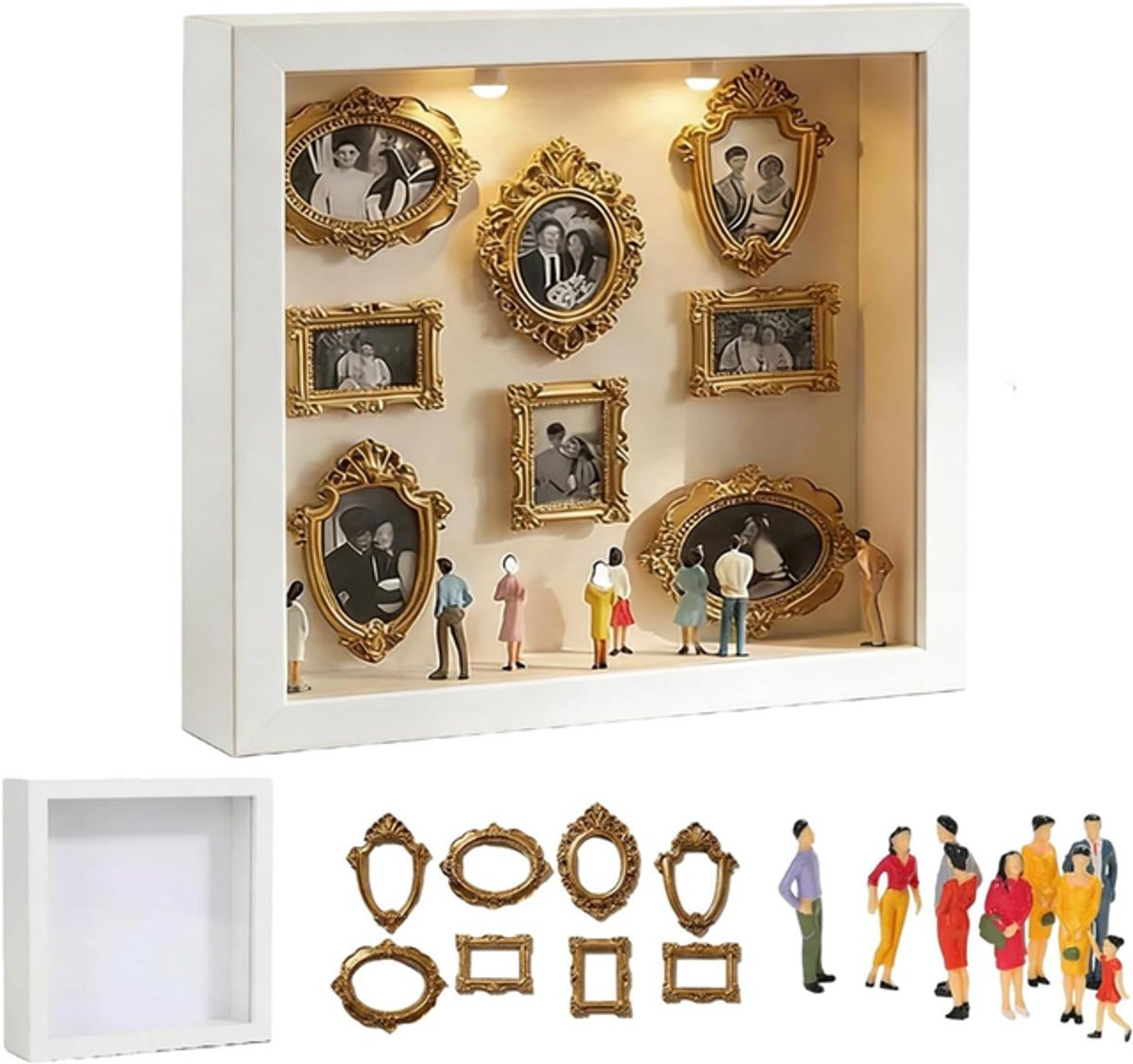 DIY Mini Figuur Museum Set met LED-verlichting en 8 Gouden Mini Fotolijstjes - Wit