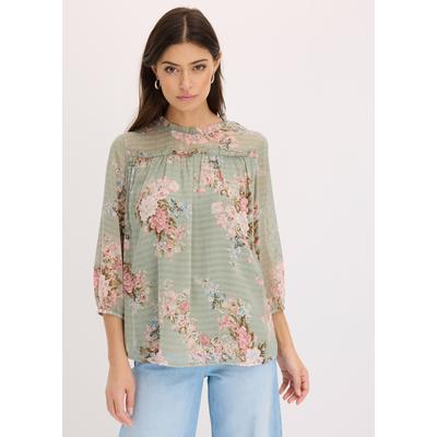 Tunika BONPRIX, Damen, Gr. 36, grün (hellschilf geblümt), Obermaterial: 100% Polyester. Futter: 100% Polyester, ausgestellt, Tuniken, eleganter Stil, ausgestellte Passform, mit 3/4-Ärmeln