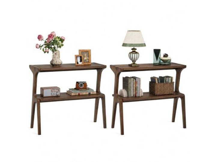 LITTLE TREE Konsolentisch Holz, 2er Set, Schmaler Sofatisch mit 2 Ablagen, 30 x 70 x 67 cm, Flurtisch für Flur, Wohnzimmer, Eingang, Dark Walnut