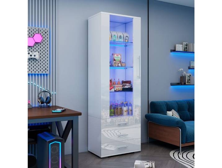 PENQUR Vitrine haute LED blanche 1 porte 3 tiroirs 60 x 35 x 180 cm MDF