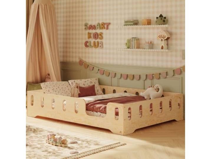 smartwood Bodenbett 120x200 cm mit Rausfallschutz, Holz, TILA 2P Montessori Kinderbett, Lattenrost belastbar bis 300 kg, FSC-Zertifikat, abgerundete Kanten, Einfache Montage, ab 3 Jahren