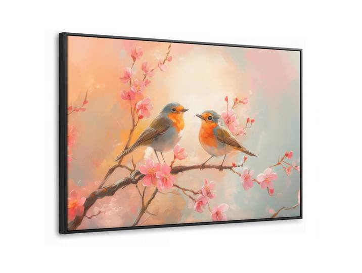 MuchoWow Leinwand Bilder mit Rahmen - Rotkehlchen - Zierpflanze - Blütenzweig - 150x100, Hellrosa, Rechteckig, 150x100 cm, gerahmt, Bilder & Rahmen, Bilder, Leinwandbilder