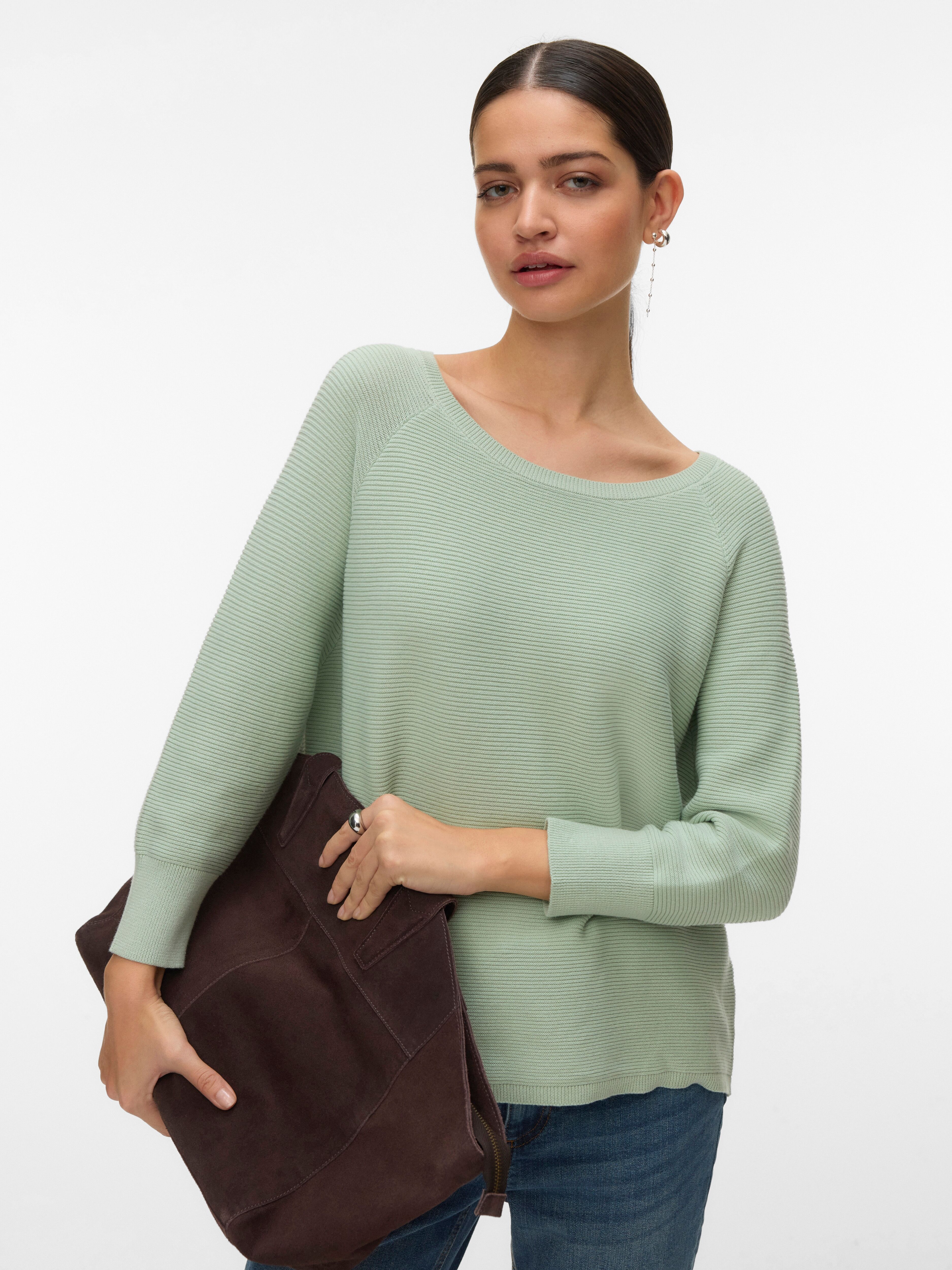 Strickpullover VERO MODA "VMNEW NORA 3/4 BOATNECK PULLOVER NOOS", Damen, Gr. L, grün (silt grün), Strick, Obermaterial: 100% Baumwolle, unifarben, regular fit normal, U-Boot-Ausschnitt, Pullover Strickpullover silt grün L