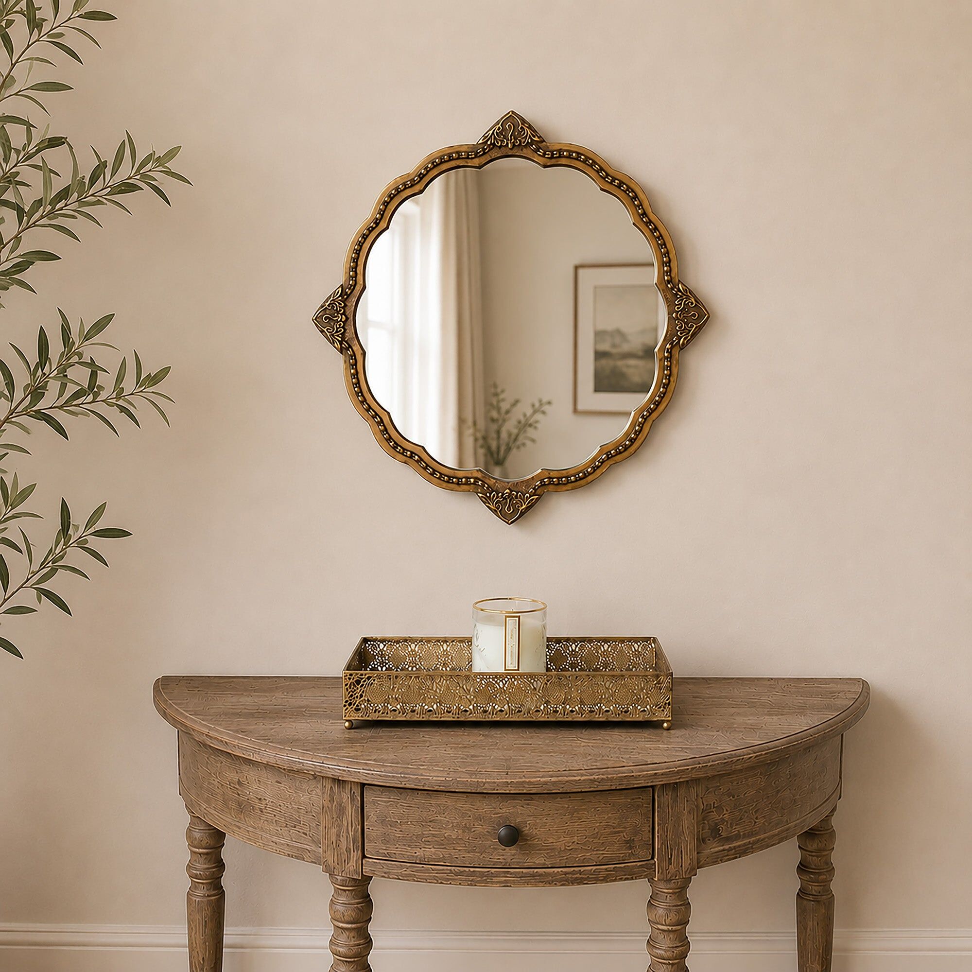 Ornate Antique Gold Round Scalloped Vintage Wall Mirror - 50cm x 50cm Glass, Wood, Metal