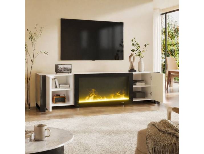 Meuble TV lowboard cheminée électrique effet flamme sans chauffage brillant blanc noir rangement VEVXYN