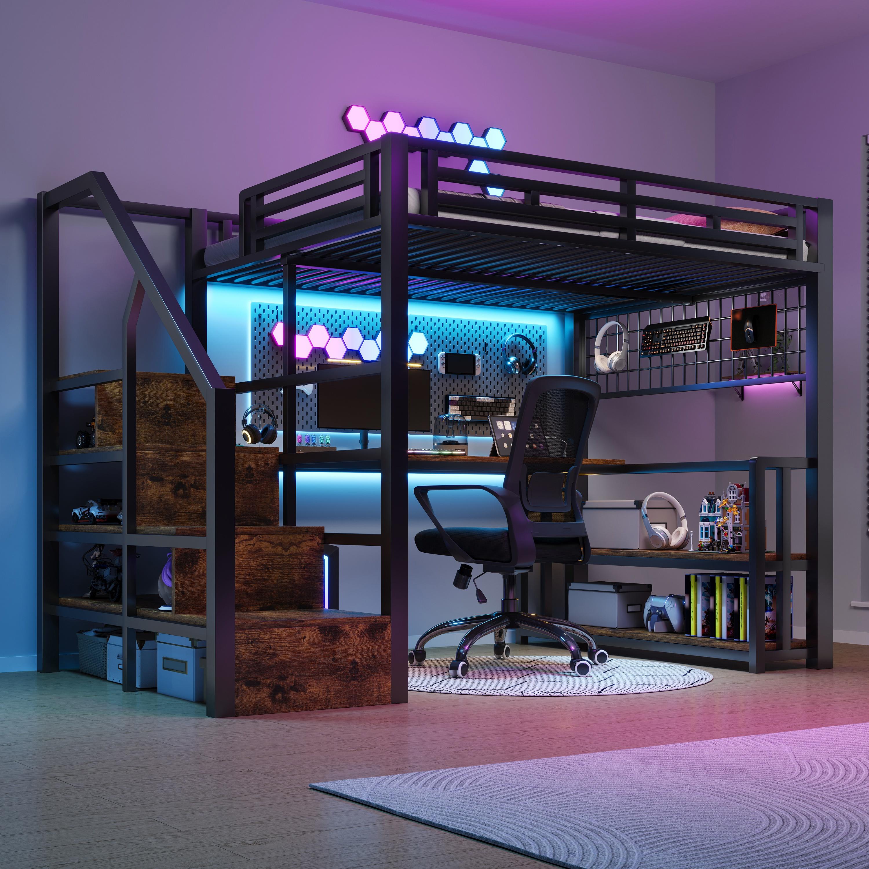 Hochbett, 140 x 200 cm, Eisenrahmen, Lagerregal, Hängendes Gitter, LED-Lichtleiste, Schreibtisch, Treppenkonstruktionen mit Stauraum