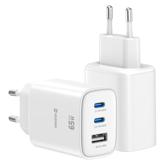 Swissten Ładowarka Edge Travel Charger Edge GaN 2x USB-C PD 65W + 1x USB-A 18W QC white (65 W, 3 Ports) (22071720)