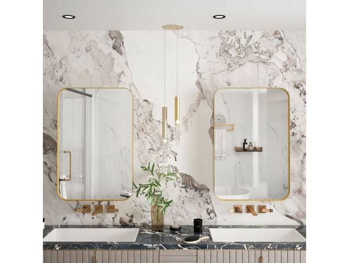 Armoire miroir rectangulaire dorée avec étagères réglables