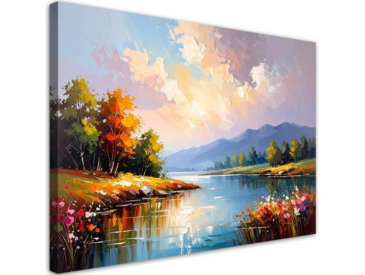 Feeby Leinwandbild Fluss Bäume Landschaft 100x70cm, Mehrfarbig, Landschaft/Berg, Rechteckig, 100x70 cm, Bilder & Rahmen, Bilder, Leinwandbilder