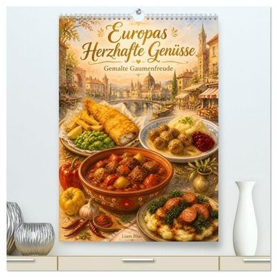 Europas Herzhafte Genüsse - Gemalte Gaumenfreuden (hochwertiger Premium Wandkalender 2027 DIN A2 hoch), Kunstdruck in Hochglanz