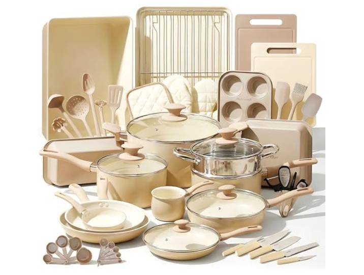 NutriChef Kochgeschirr Set 54-tlg – Pfannen, Töpfe, Küchenhelfer Taupebraun– Mit Messer, Backformen, Zubehör – Für Induktion, Gas und Elektro – Gesund und fettarm kochen