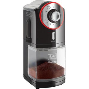 Melitta Molino 101901, elektrisch, 100 Watt, schwarz / rot, mit Scheibenmahlwerk, Kaffeemühle