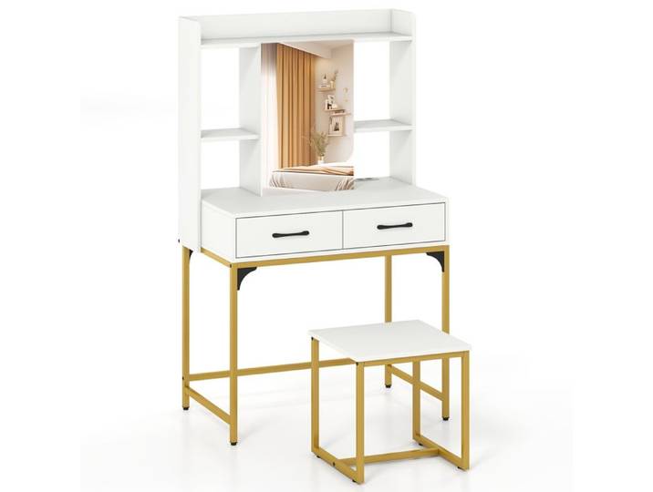 COSTWAY Ensemble Coiffeuse avec Tabouret et Miroir Table de Maquillage avec Station de Charge Tiroirs Étagères Ouvertes Blanc
