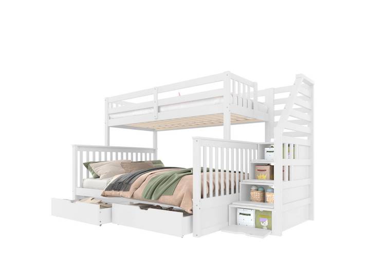 Gisaae Etagenbett 90x200 über 140x200 Massivholz Stockbett mit Schubladen, Weiß, Schlafzimmer, Betten