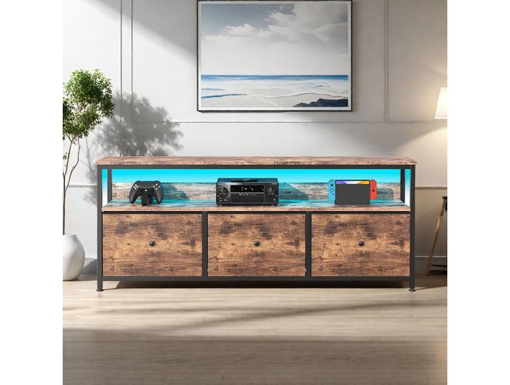Rosahqnda Meuble TV vintage avec LED et 3 tiroirs en tissu, commode pour salon, salle à manger, chambre à coucher, cadre en fer