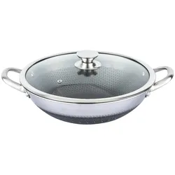 4BIG.fun Wok Bratpfanne Edelstahl 36 cm Antihaft Wokpfanne Glasdeckel Asia Schmortopf Induktion