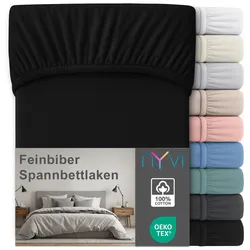 NYVI Feinbiber Spannbettlaken Deluxe für Matratzen bis 25 cm Steghöhe - Extra Warm & Weich, 100% Baumwolle, Bügelfrei, Vorgekrumpft Farbe:Schwarz;Größe:180x200 cm