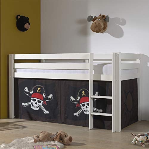 Vipack halfhoog bed PINO met textielset Caribische Piraat, massief beuken, wit gelakt, 90 x 200 cm