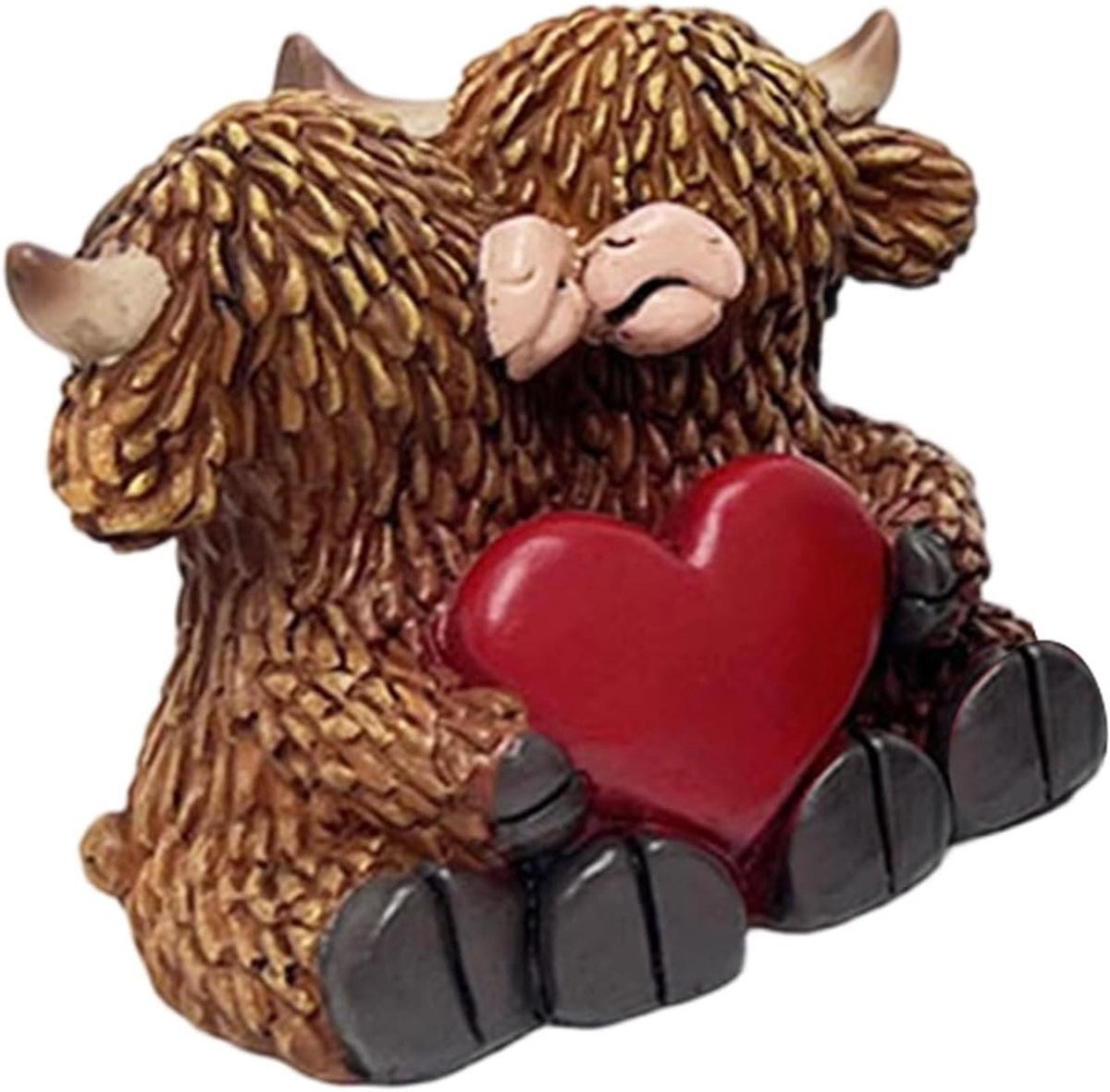 Handgesneden Koe Standbeeld Paar Sculptuur Bruin - Hoogte: 15,5 cm