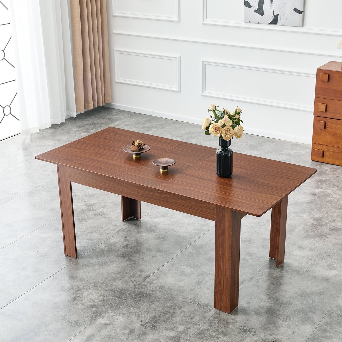 Wishdor Uitschuifbare Rechthoekige Eettafel met Twee Uitklapbare Bladen - Walnootkleur - MDF met Fineer