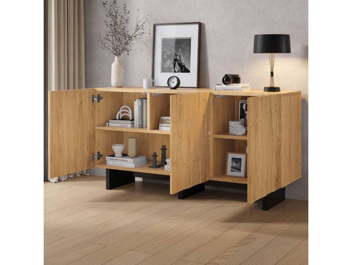 MEUBLIV Buffet bas 140x40x70 cm 3 portes sans poignée 5 compartiments bois naturel fermeture douce