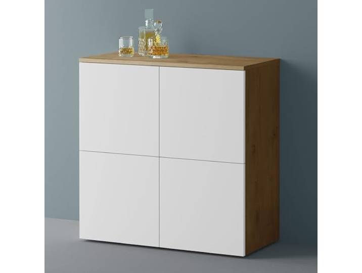 Mai & Mai Sideboard 76cm Kommode 4 Türen Soft-Close grifflos Stauraum Sideboard Wohnzimmer, 4 Stauräume, verstellbare Füße, Flurschrank, Kerneiche + Weiß matt, BxTxH:76x36,4x74cm, Schrank04