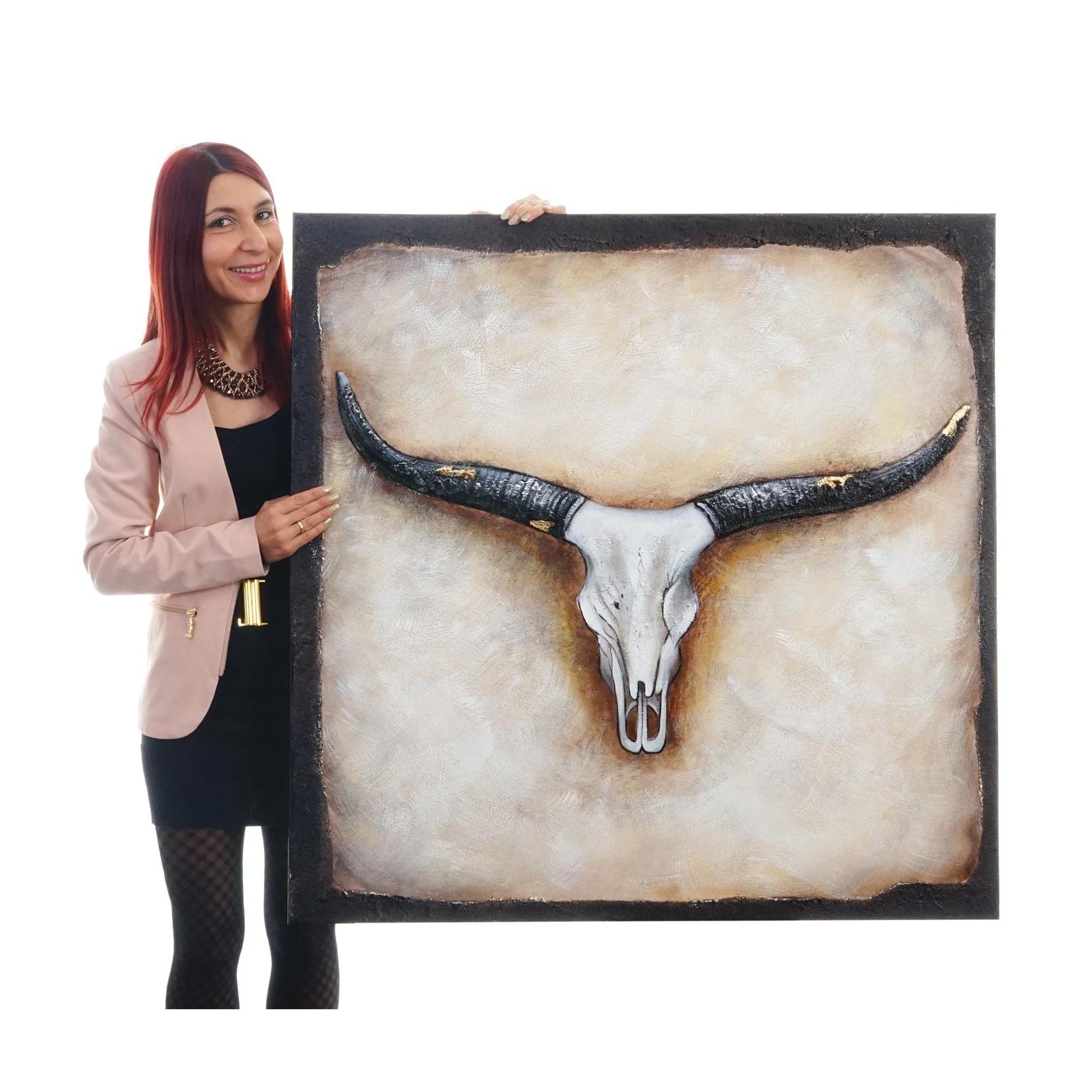 Wandbild Stier, 100% handgemaltes Ölgemälde Gemälde XL, 100x100cm