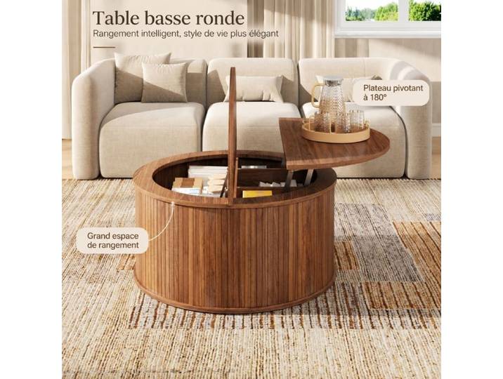 Table basse ronde relevable avec rangement intégré finition noyer 88 cm Norevia