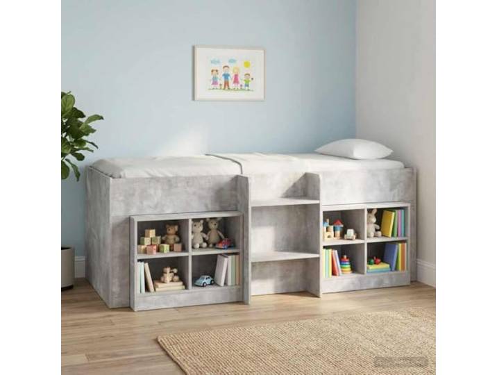 RJPLMFV Hochbett für Kinder, Betongrau, 75 x 190 cm Holzwerkstoff, integrierte Leiter, Aufbewahrung unter dem Bett, TPE-Schutz, transparent