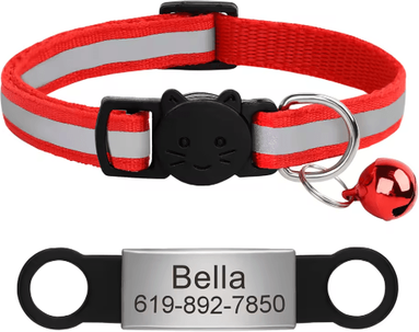 Inspire Picks Personalized Reflective Cat Collar With Engraved ID Nameplate & Bell red 88
