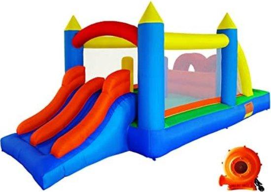 Unyqoos Hüpfburg mit Gebläse - Mehrfarbige aufblasbare Spielburg mit Rutsche & Kletterteil, 488 x 240 x 190 cm, für 3-4 Kinder